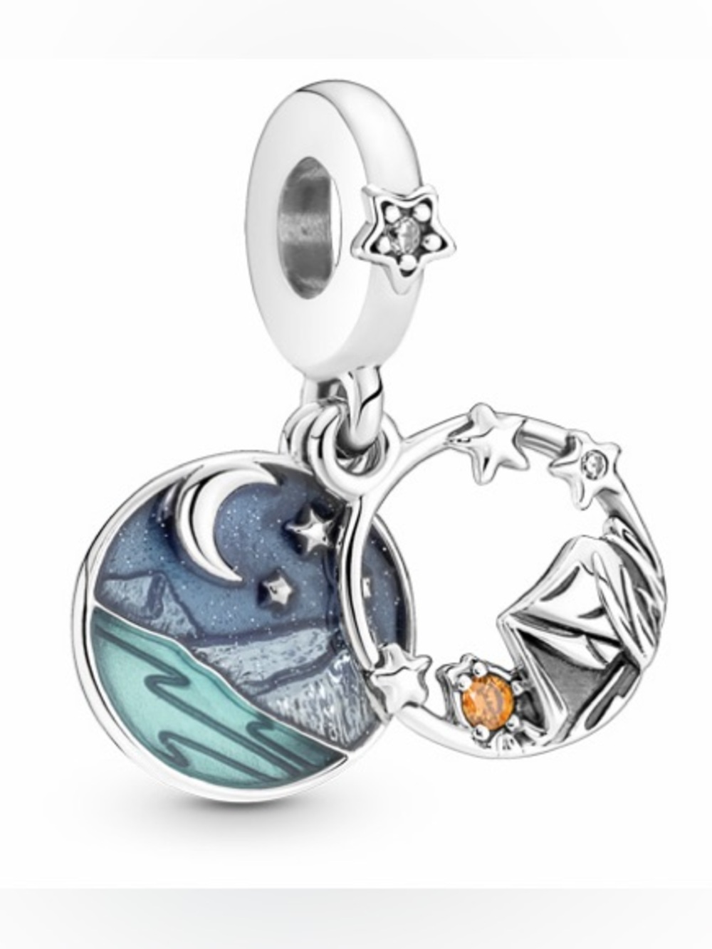 Pandora Night Sky Camping Double Dangle Charm with Blue Enamel and Orange CZ